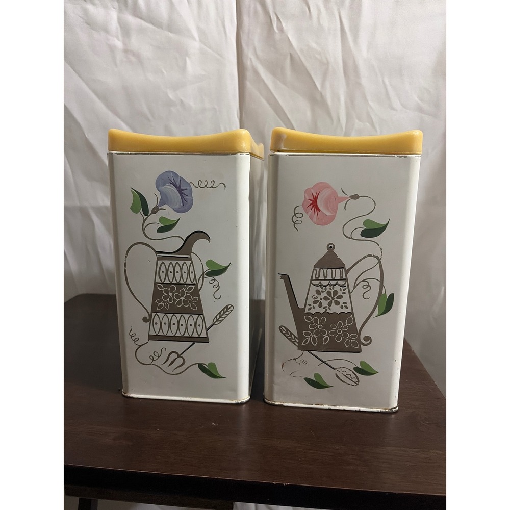 Vintage Ransburg Hand Painted Metal‎ Canister Set White Yellow Floral Teapot 2pc